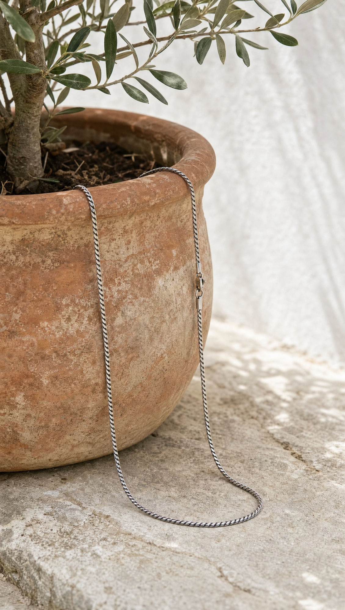Serpent chain draped on a terracotta planter