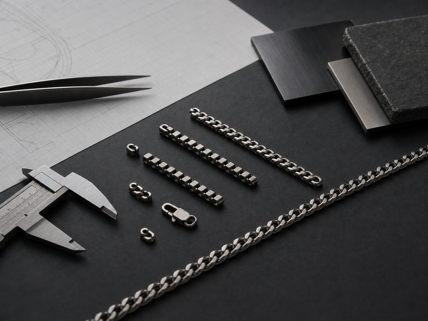 Precise titanium chain details, calipers, and restrained design objects