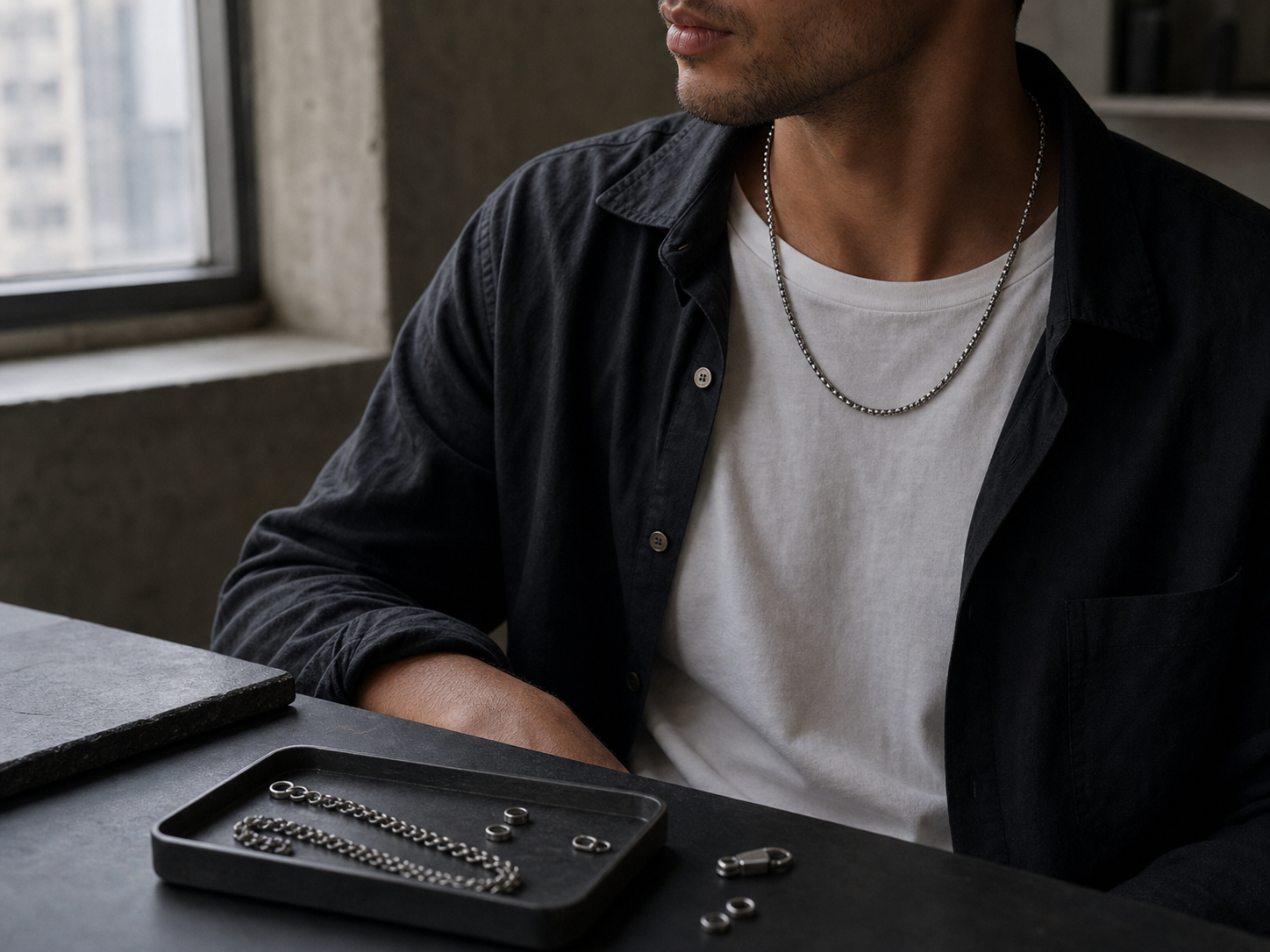 Founder reviewing titanium chain proportions and daily wear details